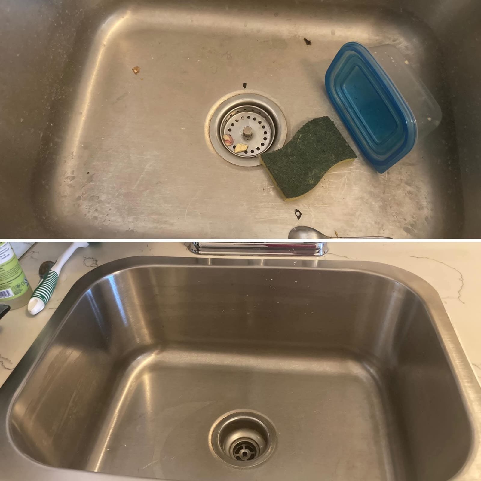 Kitchen sink before and after cleaning