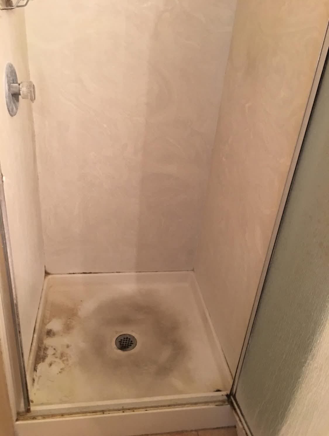 Mold buildup in shower stall before cleaning